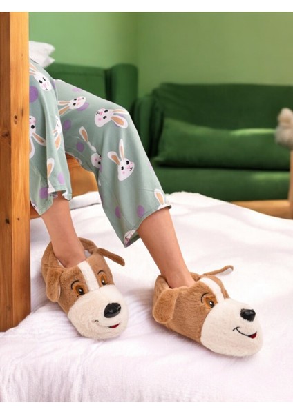 Unisex Eva Tabanlı Suni Pelüş Görünümlü Köpek Figürlü Ev Içi Rahat Terlik