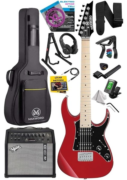 DE-150RD-50AMP Maple Klavye Hh Yüksek Kaliteli 50W Amfili Elektro Gitar Seti