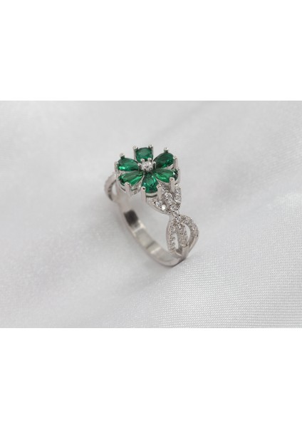 Lotus Çiçeği Gümüş Yüzük, Yeşil Taşlı Gümüş Yüzük, 925 Ayar Gümüş Yüzük