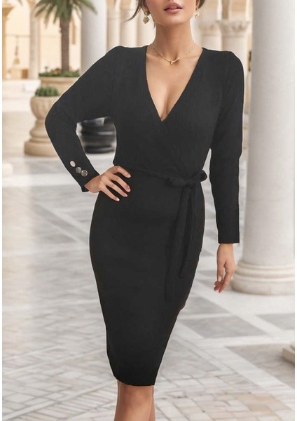 Kadın Uzun Kollu Kruvaze Yaka Bağcık Detay Akrilik Mini Boy Elbise