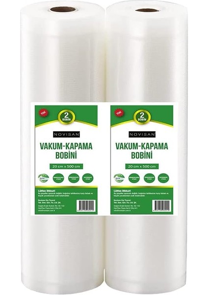 Metre Novisan 2 Adet 20CM x 500CM Gofrajlı Tırtıklı Rulo Vakum Poşeti 2'li Bobin Vakumlama Folyosu, Vakumlu Rulo, Folyo Rulosu, Vakumlu Torba