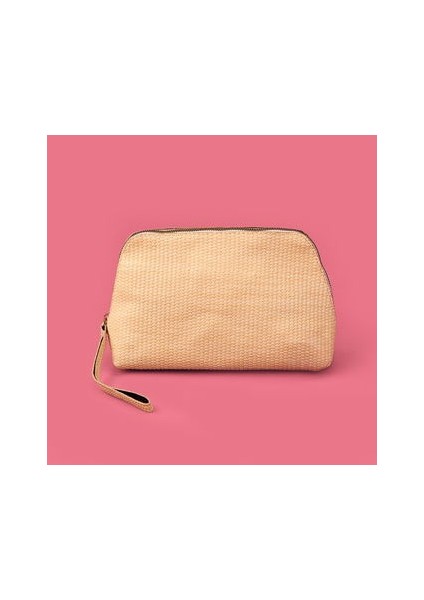 Hasır Görünümlü Pvc Kozmetik Çantası - Bej - 16X23 cm