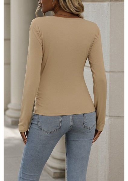 Kadın Uzun Kollu Kruvaze Yaka Yanlardan Büzgülü Viskon Bluz fırsatları