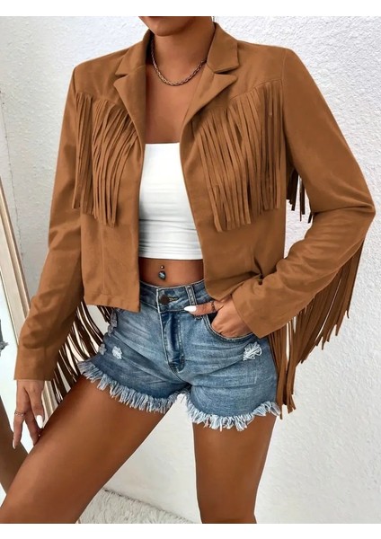 Eyesof Kadın Uzun Kollu Yakalı Kısa Püsküllü Süet Ceket