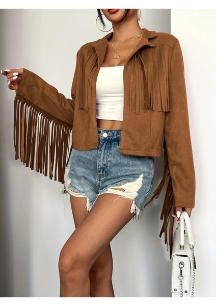 Eyesof Kadın Uzun Kollu Yakalı Kısa Püsküllü Süet Ceket modelleri