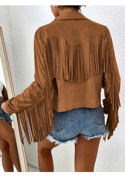 Eyesof Kadın Uzun Kollu Yakalı Kısa Püsküllü Süet Ceket