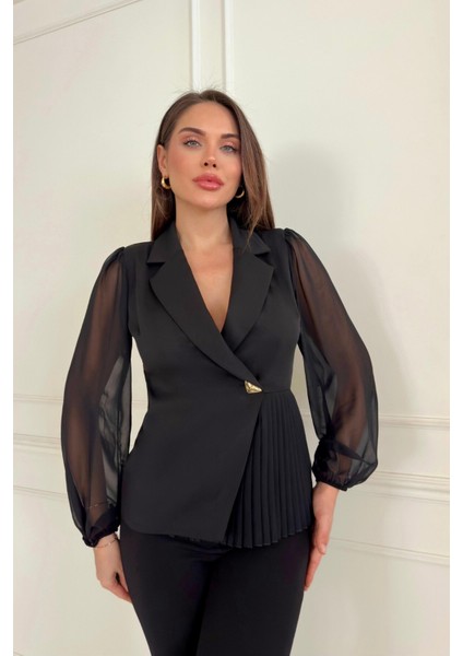 Piliseli Kadın Ceket Metal Düğme Detaylı Kolları Tül Şık ve Modern Tasarım 033 indirimleri
