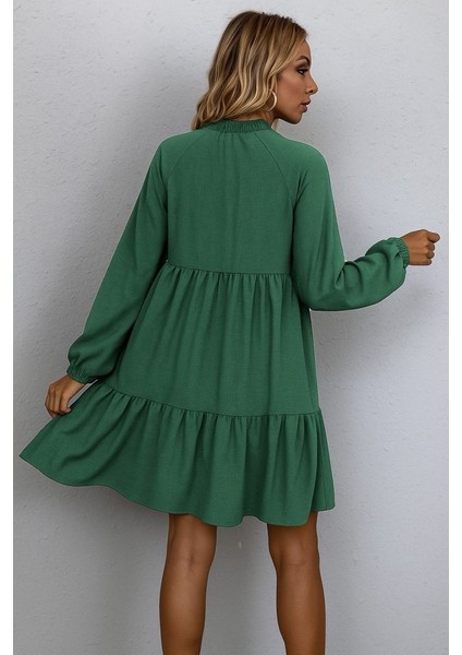 Kadın Uzun Kollu Yakadan Bağcıklı Fırfırlı Keten Mini Elbise fırsatları