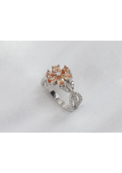 Lotus Çiçeği Gümüş Yüzük, Turuncu Taşlı Gümüş Yüzük, 925 Ayar Gümüş Yüzük