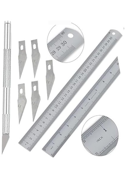 Çelik Cetvel 30 cm ve Kretuar Bıçağı 5 Yedek Bıcaklı 1 Adet Paslanmaz Çelik Metal Çetvel 30 Santimetre
