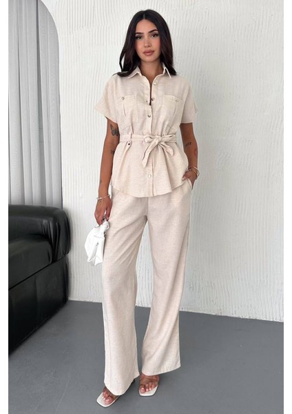 Kadın Kuşaklı Kısa Kollu Takım – Zamansız & Dingin Stil fiyatları