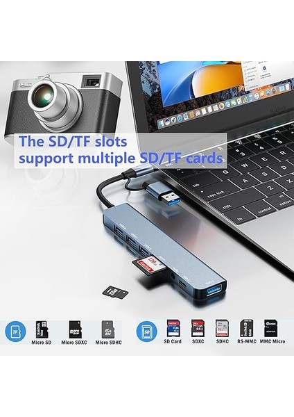 USB C Hub, 8'i 2 Arada USB Hub 3.0 Çoklu Bağlantı Noktalı Adaptör, USB 3.0 Bağlantı Noktası, Sd/tf Kart Okuyucu, Usb-C ve 3 x USB 2.0 Veri Bağlantısı, 3,5 mm Kulaklık Bağlantısı, MacBook modelleri