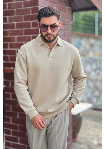 Erkek Bej Polo Yakalı Pamuklu Yumuşak Kalın Kumaşlı Oversize Sweatshirt fiyatları