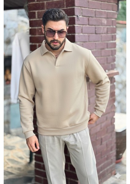 Erkek Bej Polo Yakalı Pamuklu Yumuşak Kalın Kumaşlı Oversize Sweatshirt modelleri