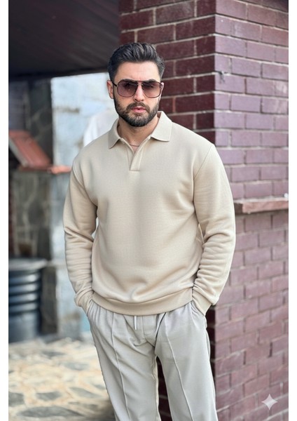 Erkek Bej Polo Yakalı Pamuklu Yumuşak Kalın Kumaşlı Oversize Sweatshirt fırsatları