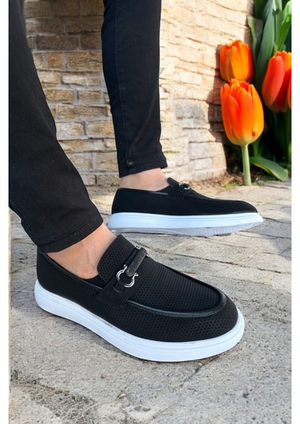 Siyah Spor Tarzı Günlük Ayakkabı - Beyaz Tabanlı ve Tokalı Deri Görünümlü Rahat Tasarım