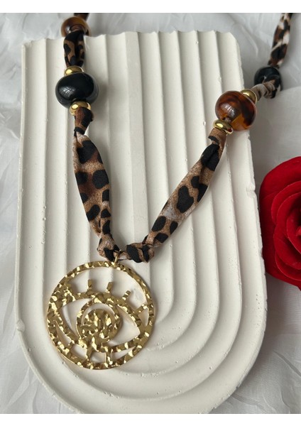 Leopar Desenli Kolye Kahve Bordo Boncuklu Şık Kumaş Kadın Kolye Hediye Kutulu