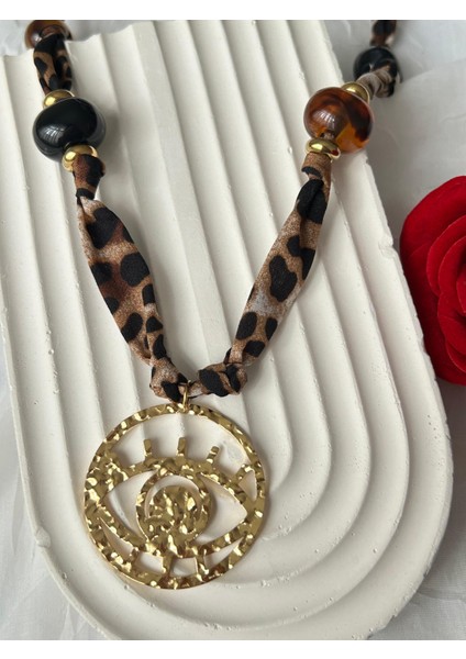 Leopar Desenli Kolye Kahve Bordo Boncuklu Şık Kumaş Kadın Kolye Hediye Kutulu fiyatları