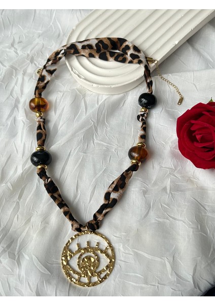 Leopar Desenli Kolye Kahve Bordo Boncuklu Şık Kumaş Kadın Kolye Hediye Kutulu modelleri