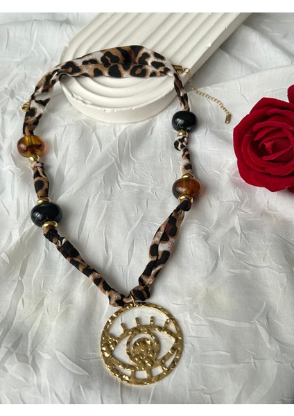 Leopar Desenli Kolye Kahve Bordo Boncuklu Şık Kumaş Kadın Kolye Hediye Kutulu indirimleri