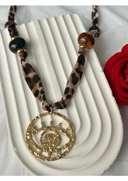 Leopar Desenli Kolye Kahve Bordo Boncuklu Şık Kumaş Kadın Kolye Hediye Kutulu