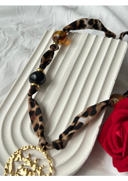 Leopar Desenli Kolye Kahve Bordo Boncuklu Şık Kumaş Kadın Kolye Hediye Kutulu