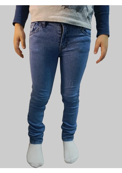 Erkek Çocuk Denim Füme Tırtıklı Ligralı Kot Pantolon