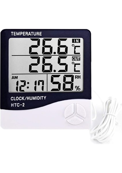 Dijital Termometre Saat Isı Sıcaklık Nem Ölçer Htc-2