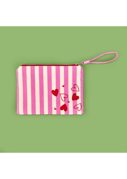 Çizgili Kalp Detaylı Kozmetik Çantası - Pembe / Bej - 16X25 cm