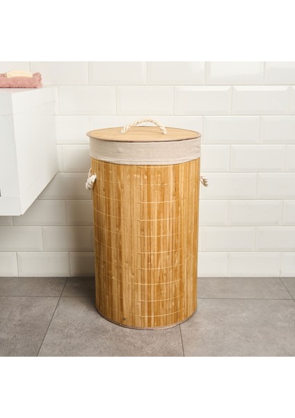 Living Katlanır Yuvarlak Bambu Kirli Çamaşır Sepeti - Bej - 60 Lt