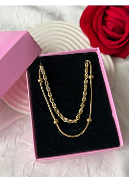 Ikili Zincir Altın ve Gümüş Renk Çelik Kolye Simli Burgu Zincir Eşe Sevgiliye Hediye Xuping