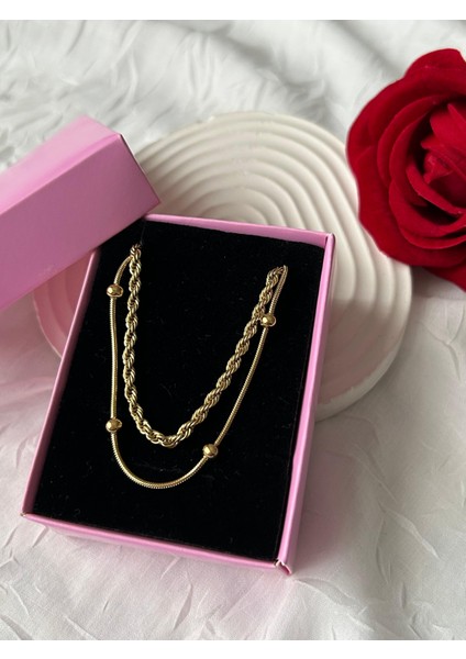 Ikili Zincir Altın ve Gümüş Renk Çelik Kolye Simli Burgu Zincir Eşe Sevgiliye Hediye Xuping