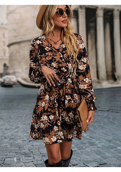 Kadın Uzun Kollu Kruvaze Yaka Çiçek Desenli Dalgıç Elbise indirimleri