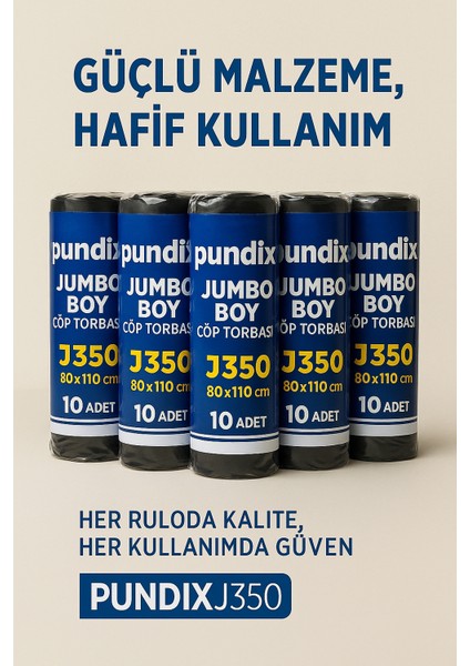 J350 Jumbo Boy Çöp Torbası (80X110 Cm) – 5 Rulo (Toplam 50 Adet)