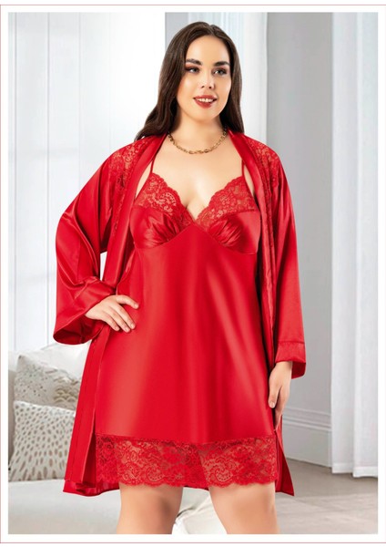6017 Kırmızı Dantelli Sabahlıklı Büyük Beden Sexy Saten Gecelik Ikili Takım