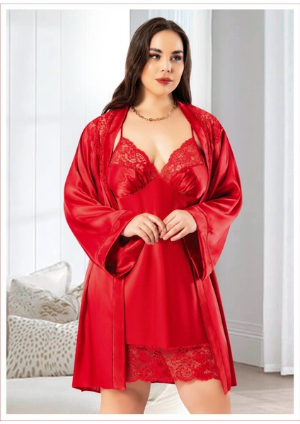 6017 Kırmızı Dantelli Sabahlıklı Büyük Beden Sexy Saten Gecelik Ikili Takım fiyatları