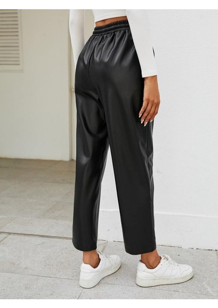 Kadın Yüksel Bel Bağcıklı Deri Pantolon fırsatları