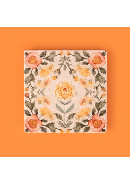 Kitchen Turuncu Çiçekli Taş Bardak Altlığı - Renkli - 10X10 cm