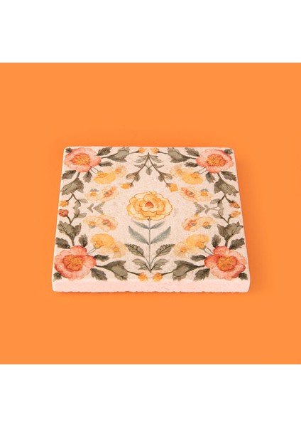 Kitchen Turuncu Çiçekli Taş Bardak Altlığı - Renkli - 10X10 cm modelleri