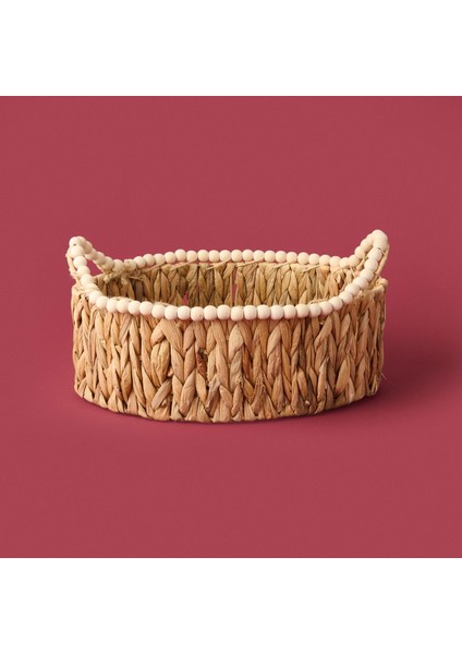 Boncuklu Hasır Sepet - Kahverengi - 38X24X14 cm