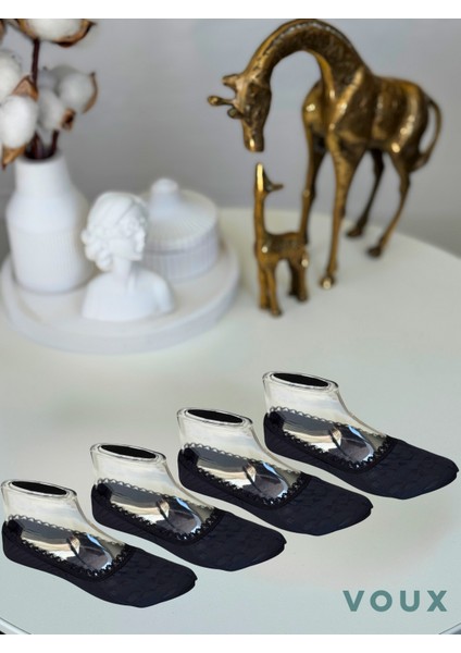 Desenli Siyah Tül Kadın Babet Çorap 4 'lü