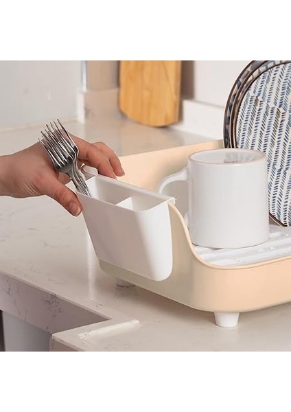 AKL-060 Bej Lüks Tabaklık Bulaşıklık-Yönlendirilebilir Su Akıtma Kanallı Bulaşık Sepeti-Kaşıklıklı indirimleri