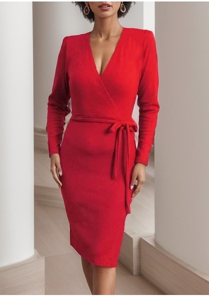 Kadın Uzun Kollu Kruvaze Yaka Bağcık Detay Akrilik Mini Boy Elbise