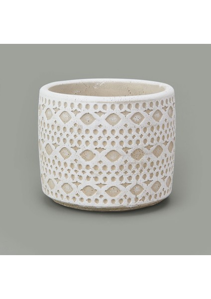 Dantel Güpür Desenli Beton Saksı - Beyaz - 14X12,5 cm