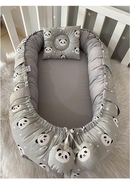 Babynest Lüks Tasarım Ortopedik Anne Yanı Bebek Yatağı Gri Panda 1 Adet