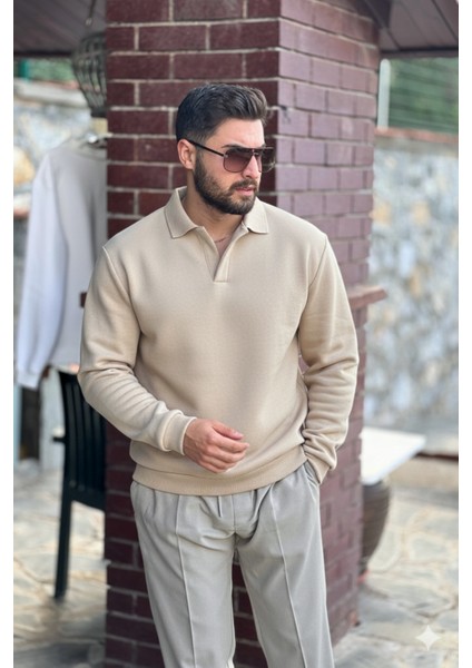 Erkek Bej Polo Yakalı Pamuklu Yumuşak Kalın Kumaşlı Oversize Sweatshirt fırsatları