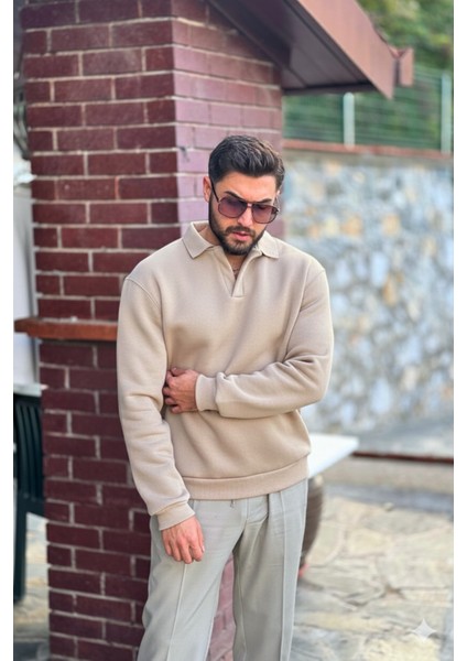 Erkek Bej Polo Yakalı Pamuklu Yumuşak Kalın Kumaşlı Oversize Sweatshirt indirimleri