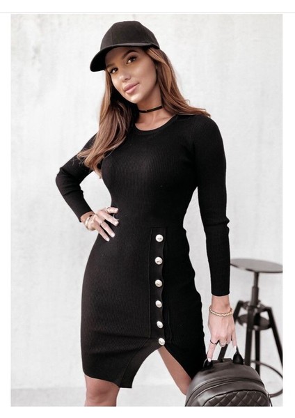 Kadın Siyah Uzun Kollu Bisiklet Yaka Yan Yırtmaç Düğme Detay Kısa Kaşkorse Elbise modelleri