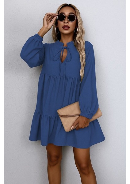 Kadın Uzun Kollu Yakadan Bağcıklı Fırfırlı Keten Mini Elbise modelleri