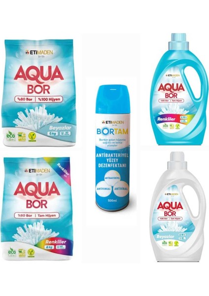Doğal Çamaşır Deterjanı Aquabor Renkliler ve Beyazlar Için 148 Yıkama+ Bortam Dezenfektan 500 ml